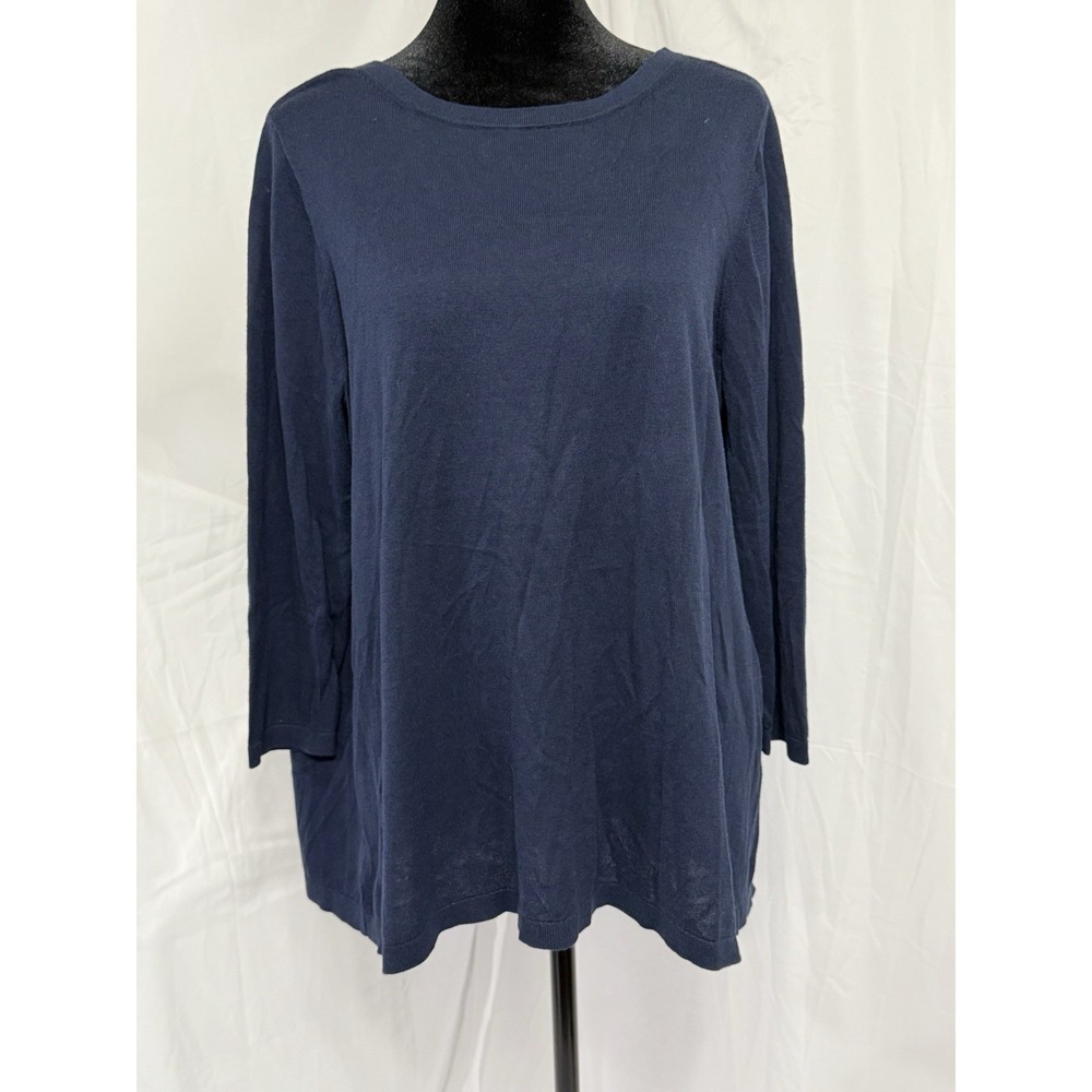 LOFT Shirt Large Faux Split Layered Back Neck Tie 100% Cotton Body Navy3/4sleeve